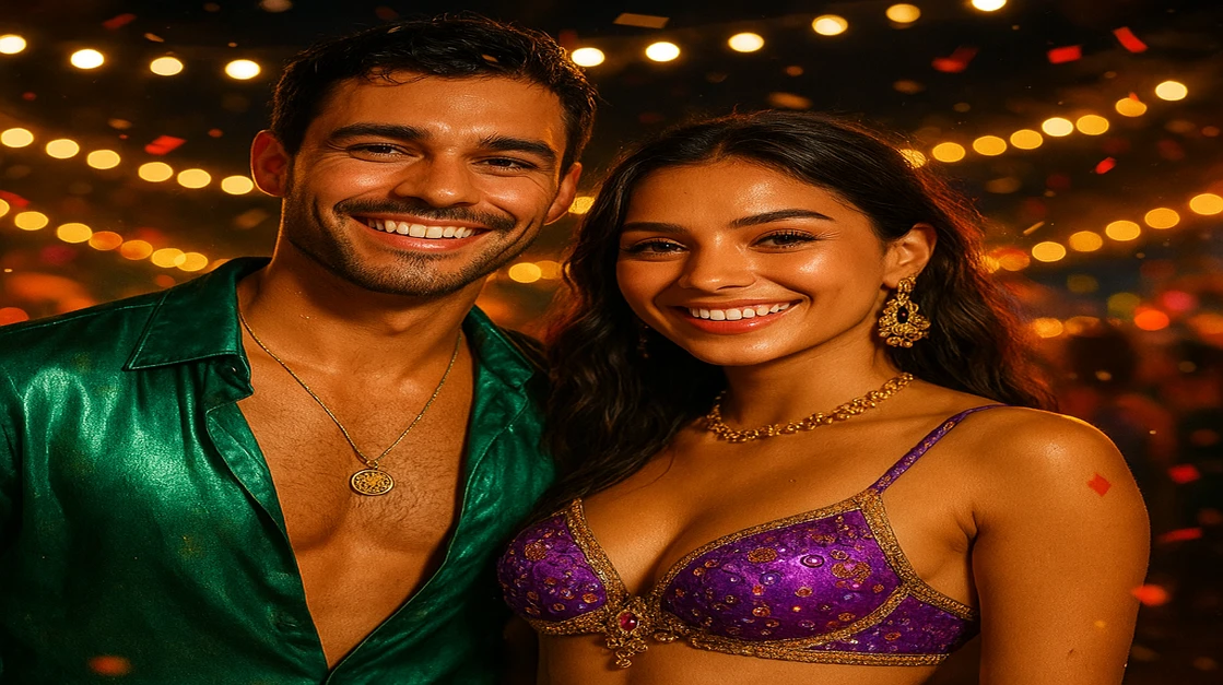 রঙিন কার্নিভাল পোশাক পরা একটি সুখী ও আকর্ষণীয় দম্পতি একটি প্রাণবন্ত খোলা উৎসবের মাঝে উদযাপন করছেন, যেখানে গেম খেলার মজা, সামাজিকতা ও উত্তেজনাপূর্ণ পরিবেশ একসঙ্গে মেলবন্ধন ঘটায়—l444 game-এ গেম খেলার আনন্দকে তুলে ধরে।